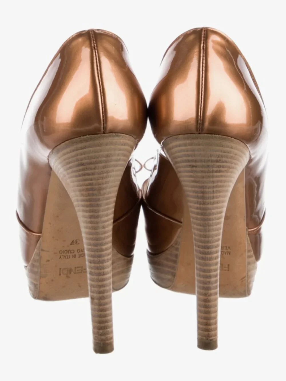 FENDI Gold Copper Patent Leather Bow Open Toe Platform Pumps